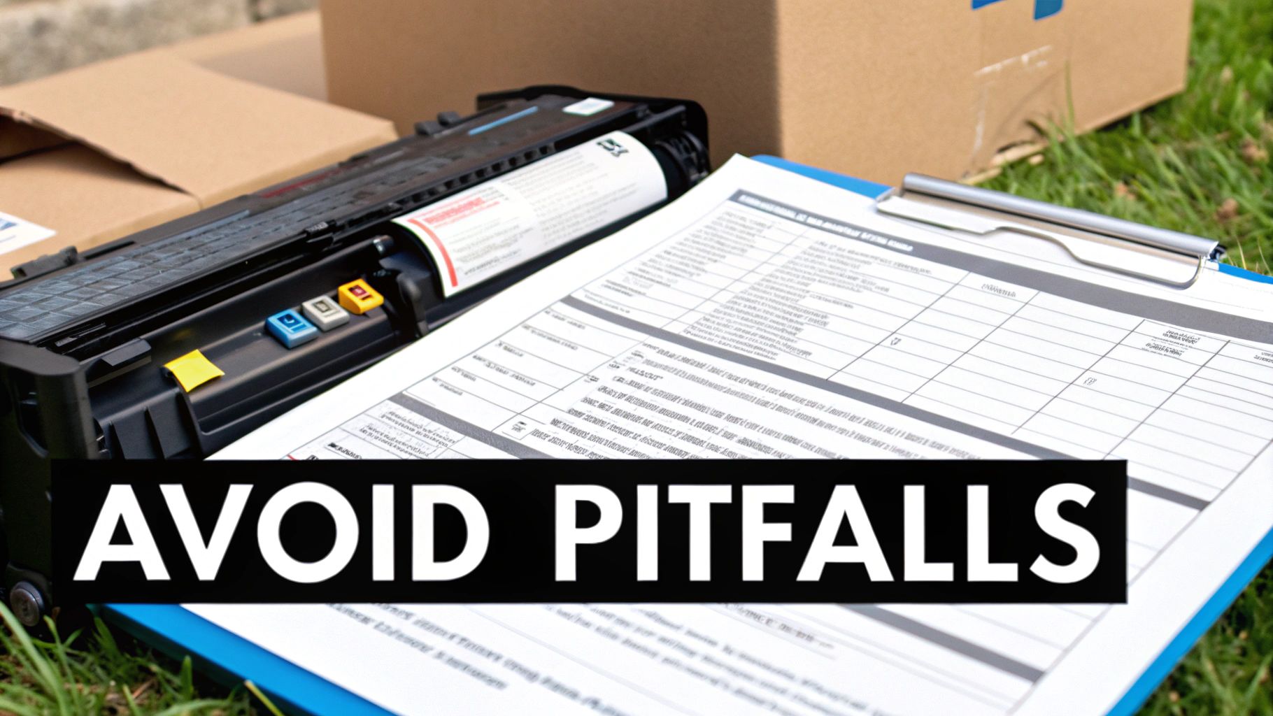 A printer toner cartridge, a clipboard with a document, and cardboard boxes on grass with 'AVOID PITFALLS' text.