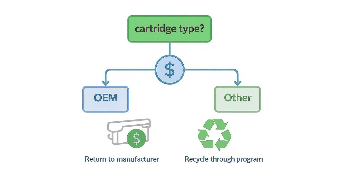 Flowchart illustrating options for recycling ink cartridges: OEM cartridges return to manufacturer, others recycle through programs.