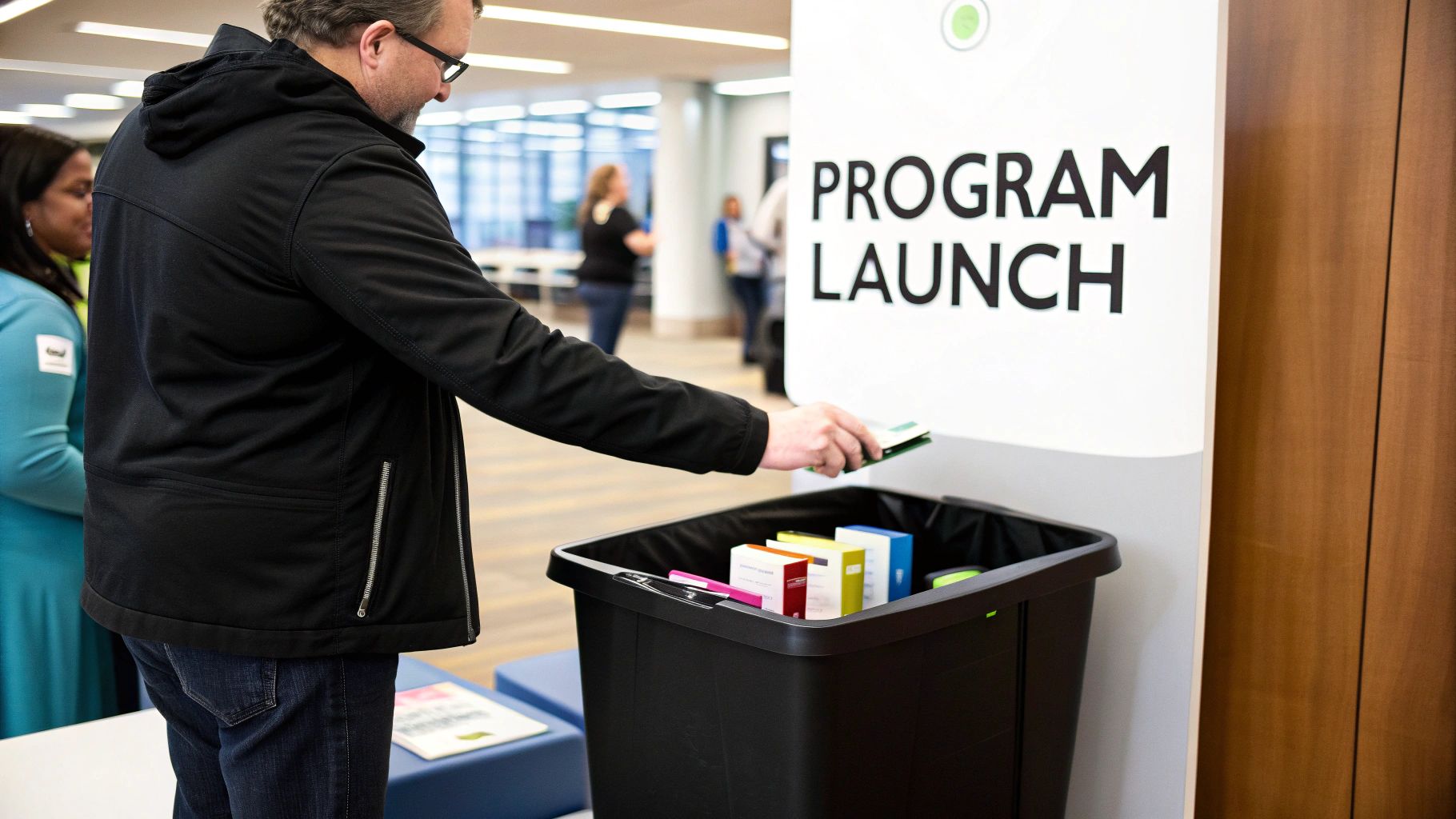 A person placing an empty toner cartridge into a clearly marked recycling bin in an office setting.