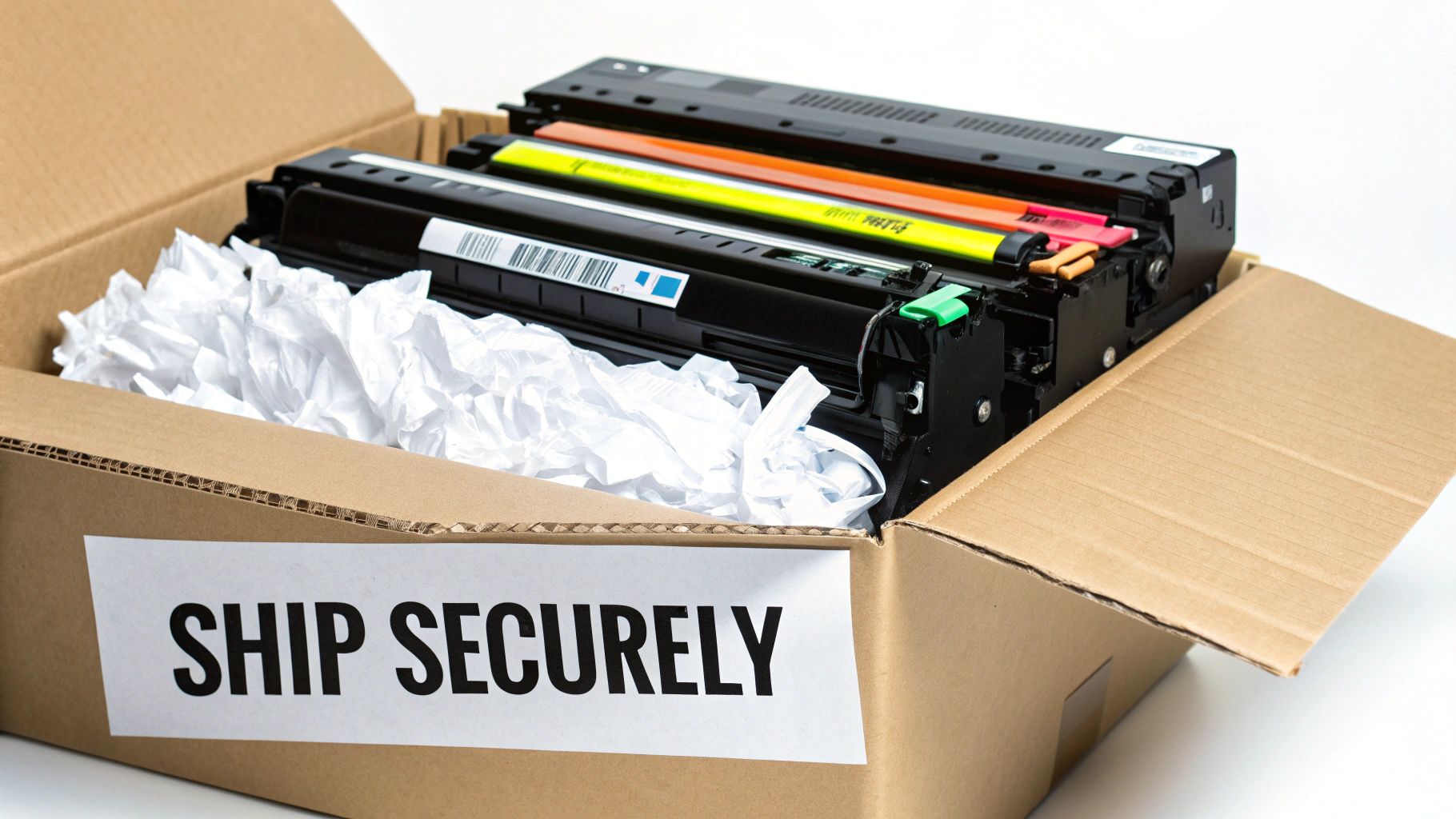 Printer toner cartridges packed securely in cardboard box with white protective paper for shipping