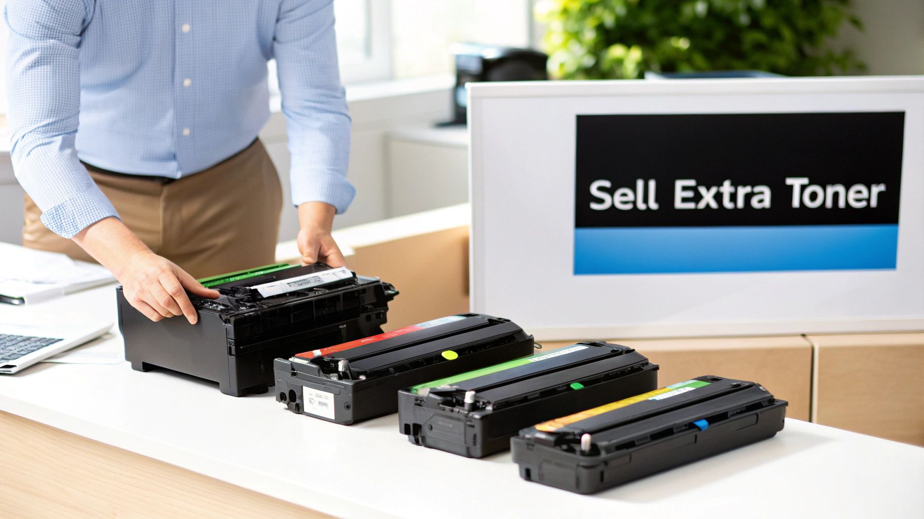 A person replaces a green toner cartridge in a printer, with other colorful toner cartridges and a 'Sell Extra Toner' sign.