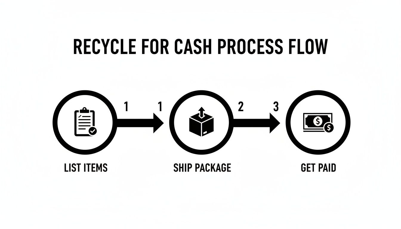 A three-step process flow for recycling items for cash: list items, ship package, and get paid.