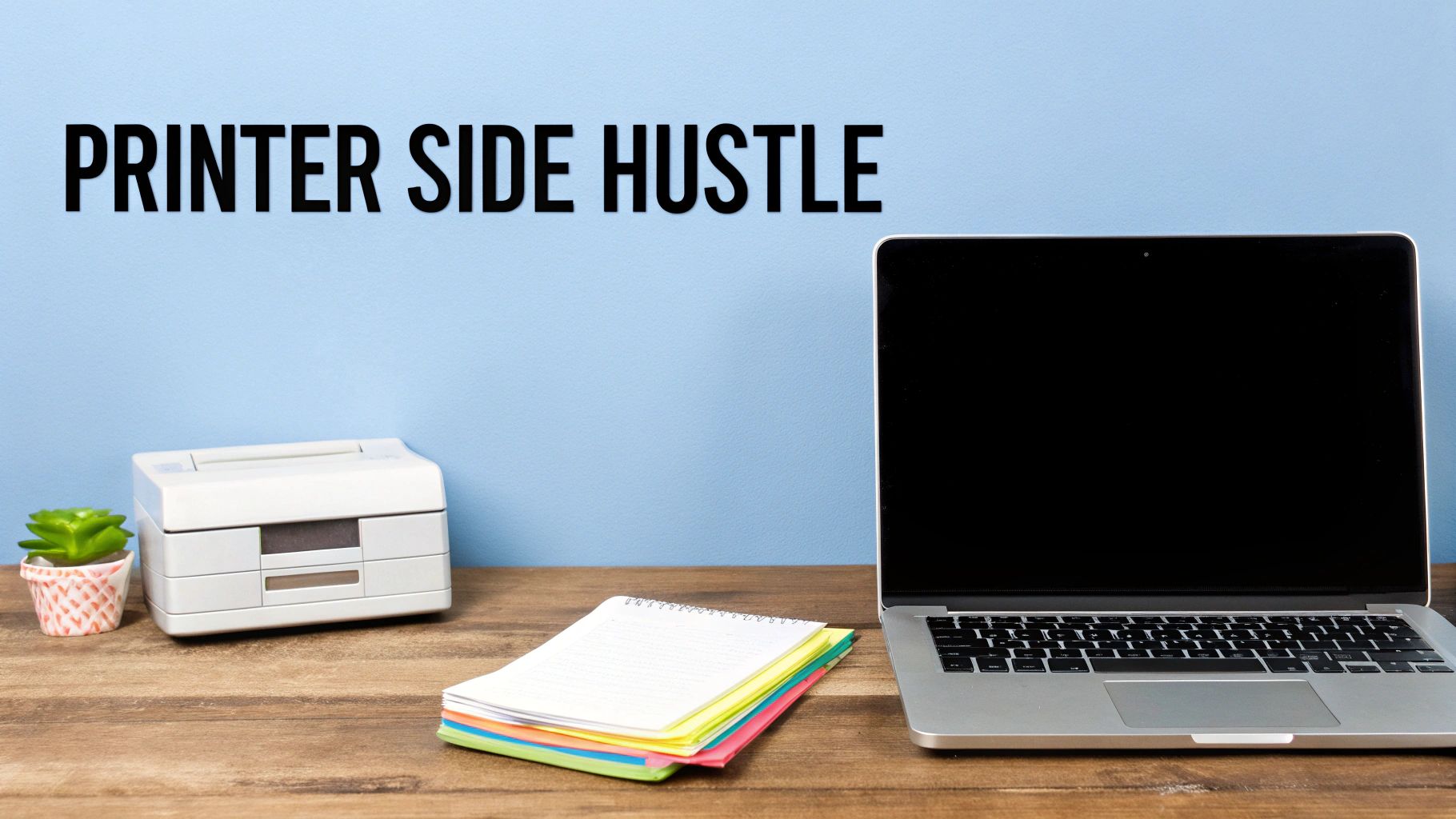 A desk with a laptop, small printer, plant, and notebooks, featuring "PRINTER SIDE HUSTLE" text.