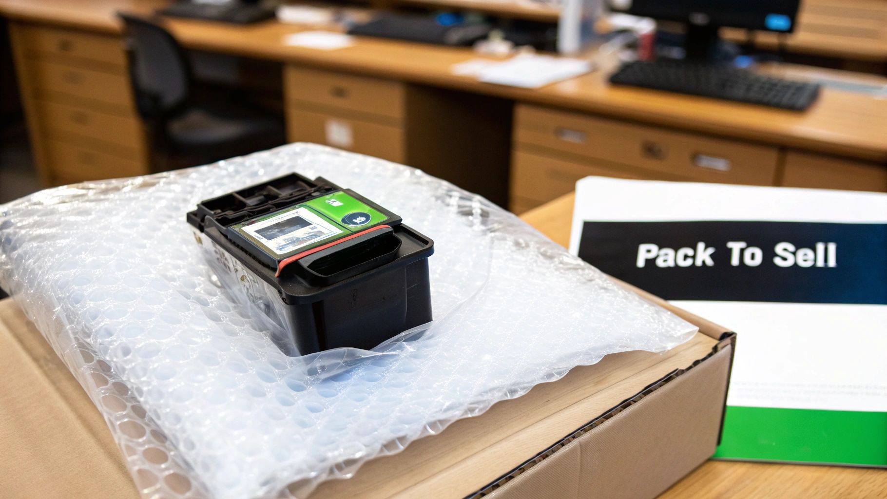 A black printer cartridge sits on bubble wrap inside a cardboard box, ready for packing.