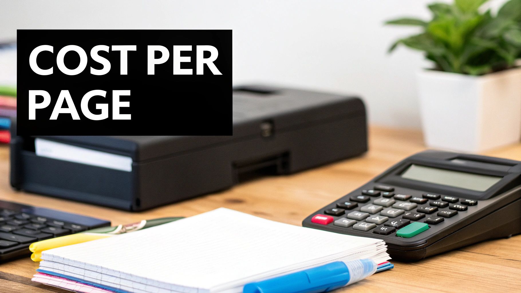 A calculator and stacks of coins next to an ink cartridge and a toner cartridge, illustrating the concept of cost per page.
