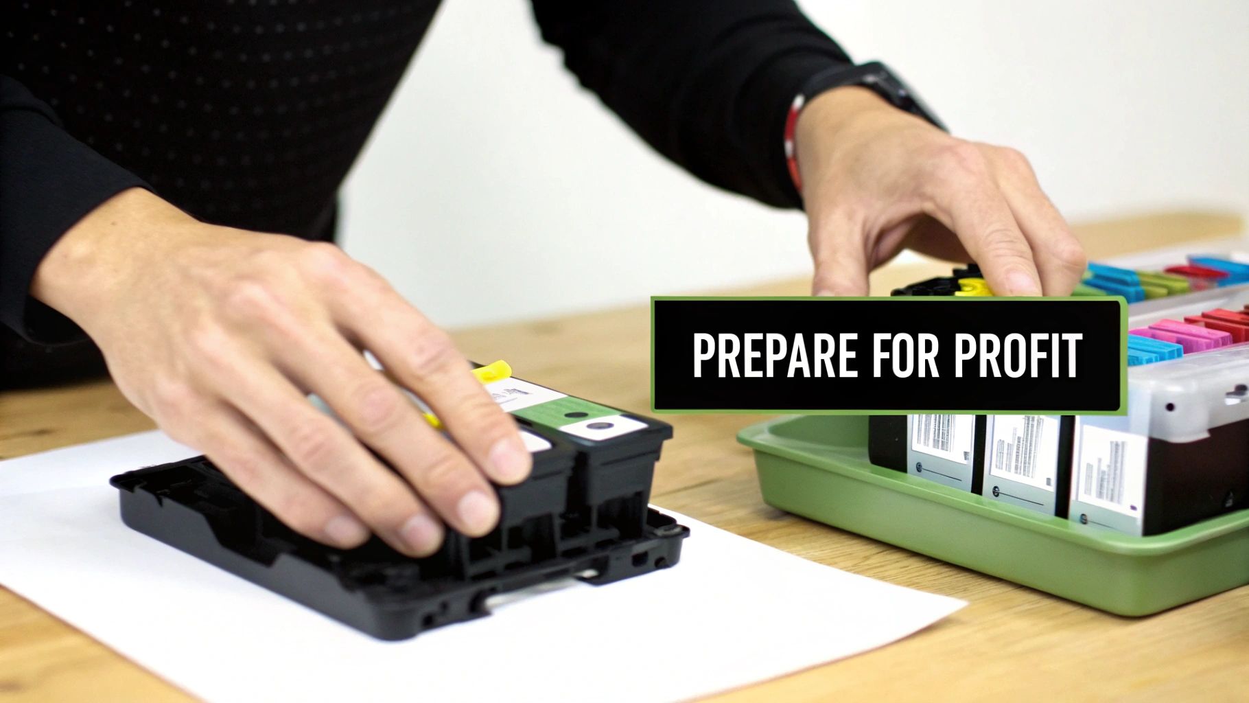 A person's hands handle black and colored ink cartridges, some in a green tray, with "PREPARE FOR PROFIT" text.