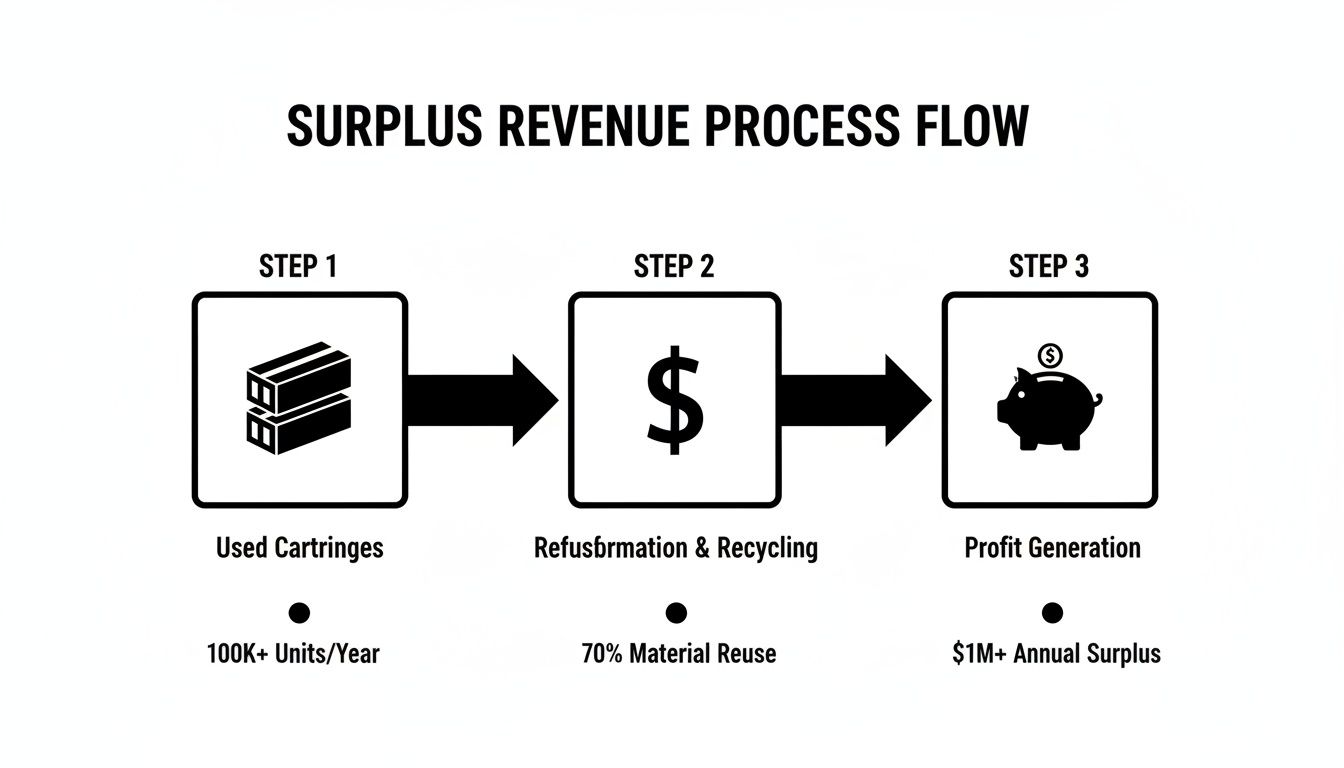 A three-step process flow showing how used cartridges are refurbished, recycled, and generate profit.