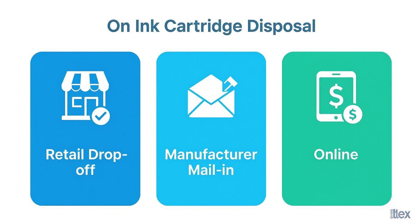 A graphic illustrating three methods for ink cartridge disposal: retail drop-off, manufacturer mail-in, and online.
