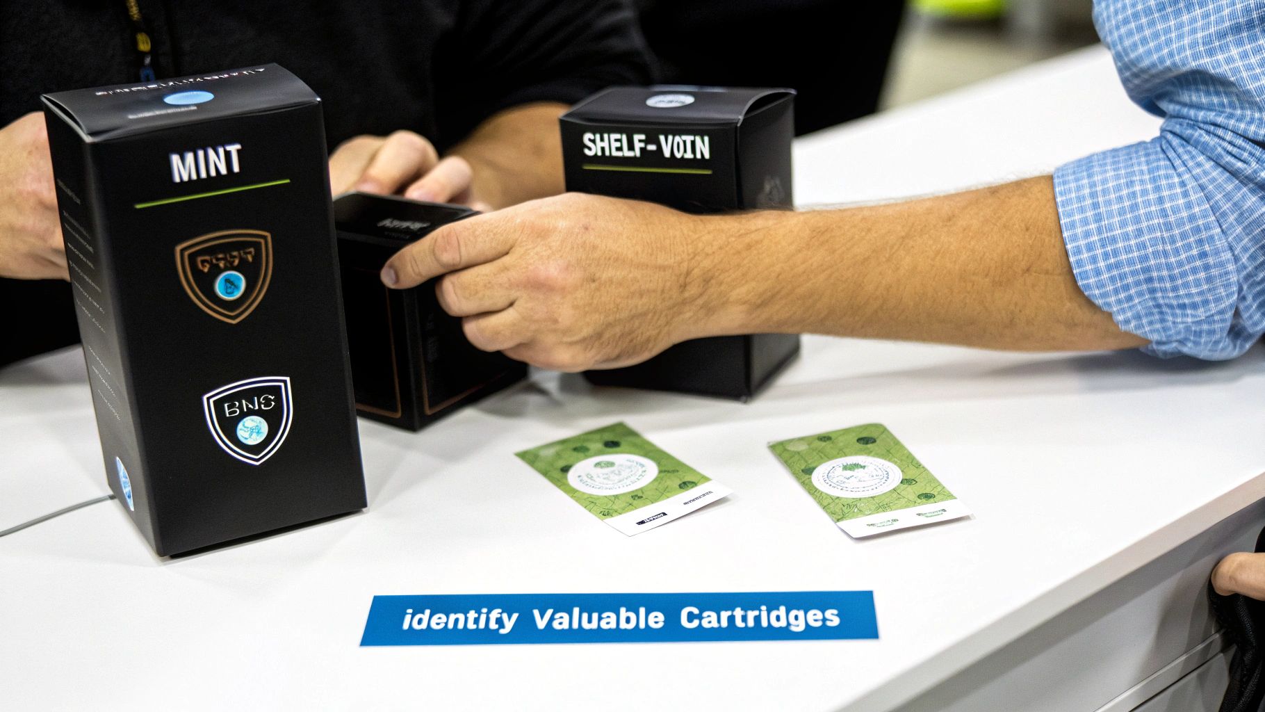 Hands interacting with black product boxes labeled 'MINT' and 'SHELF-VOIN' on a white table.