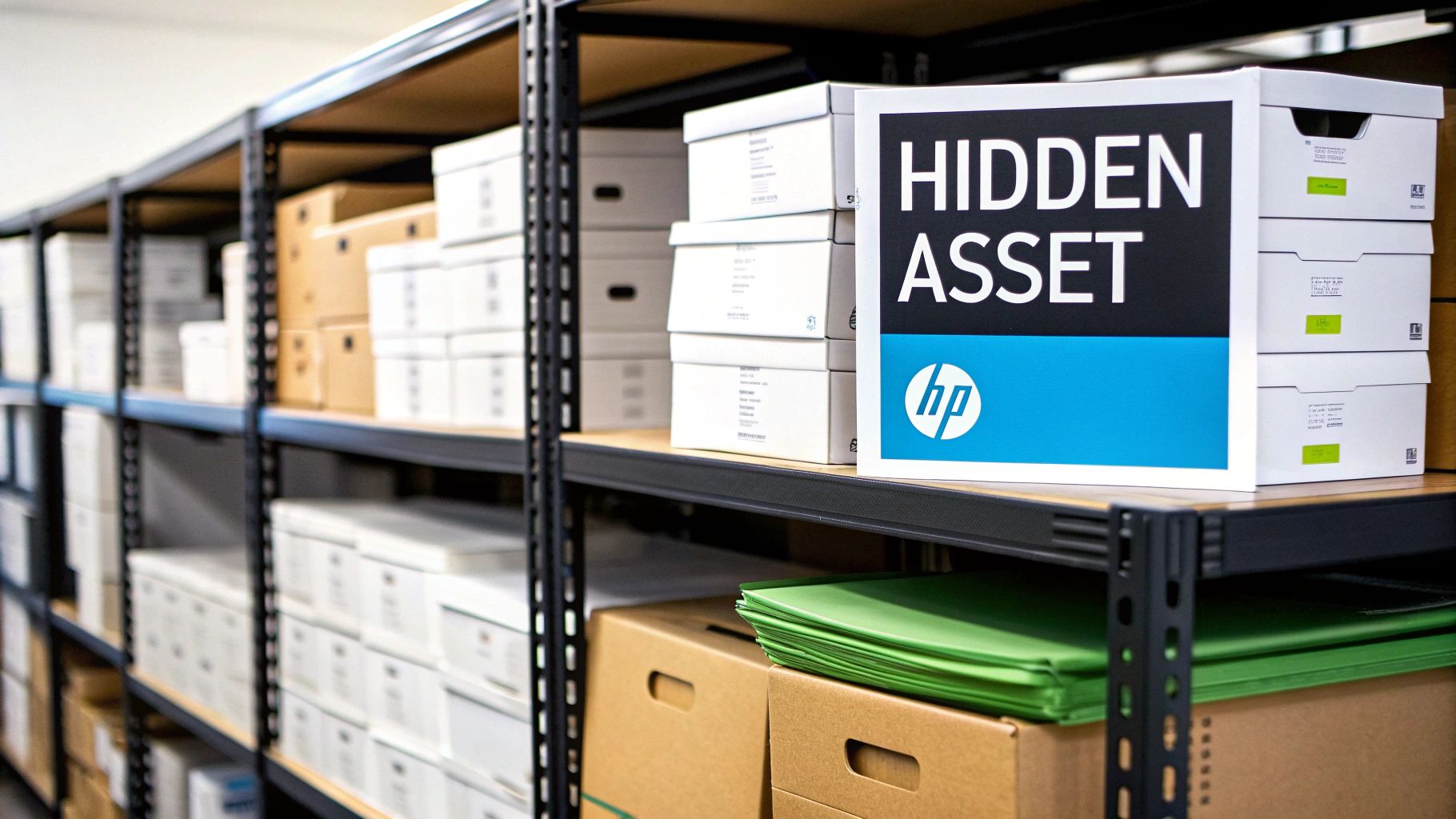 A storage room with shelves filled with archive boxes, including one labeled 'Hidden Asset' with the HP logo.