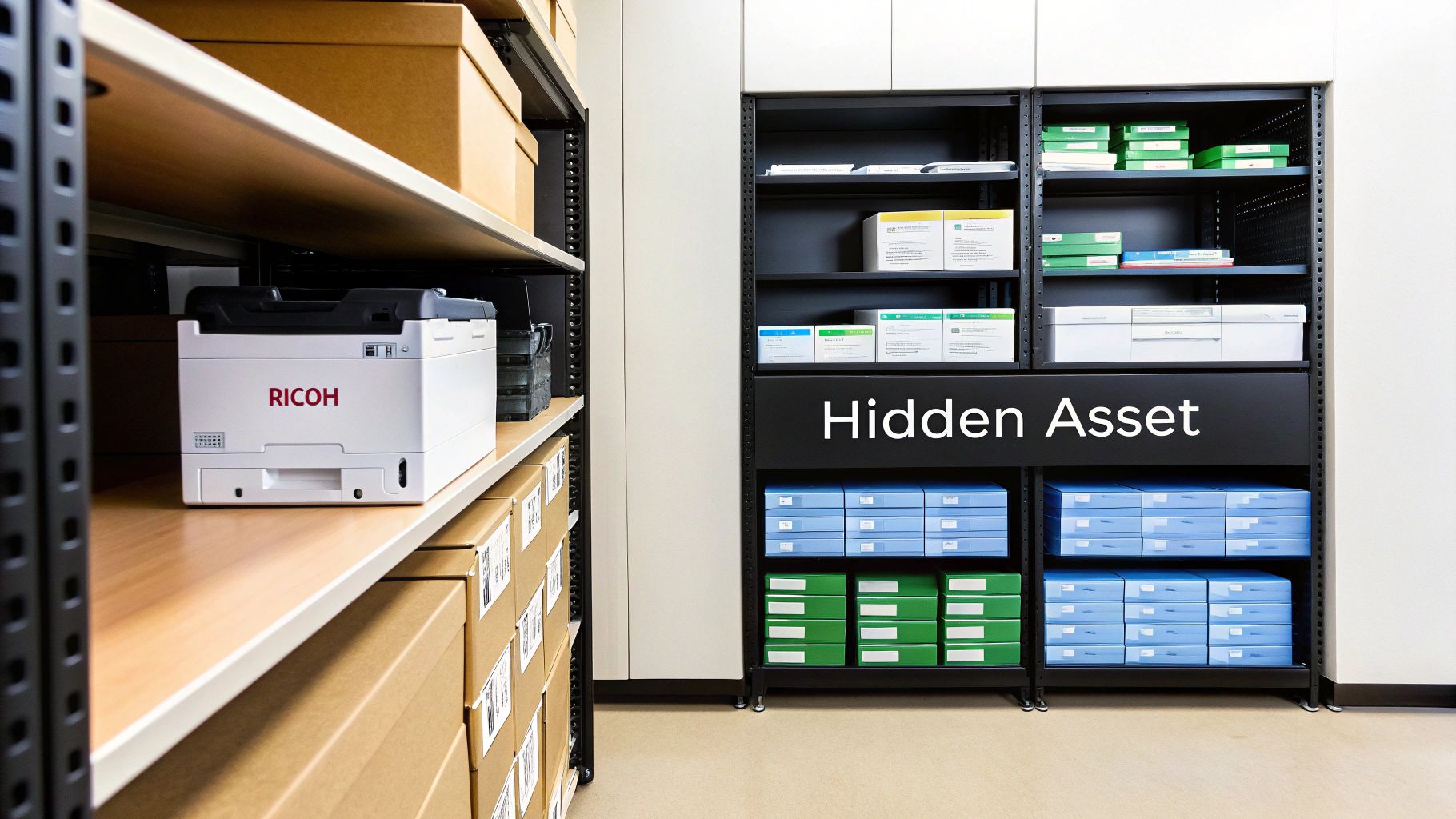 A Ricoh printer on a shelf in a storage room with various boxes and a 'Hidden Asset' sign.