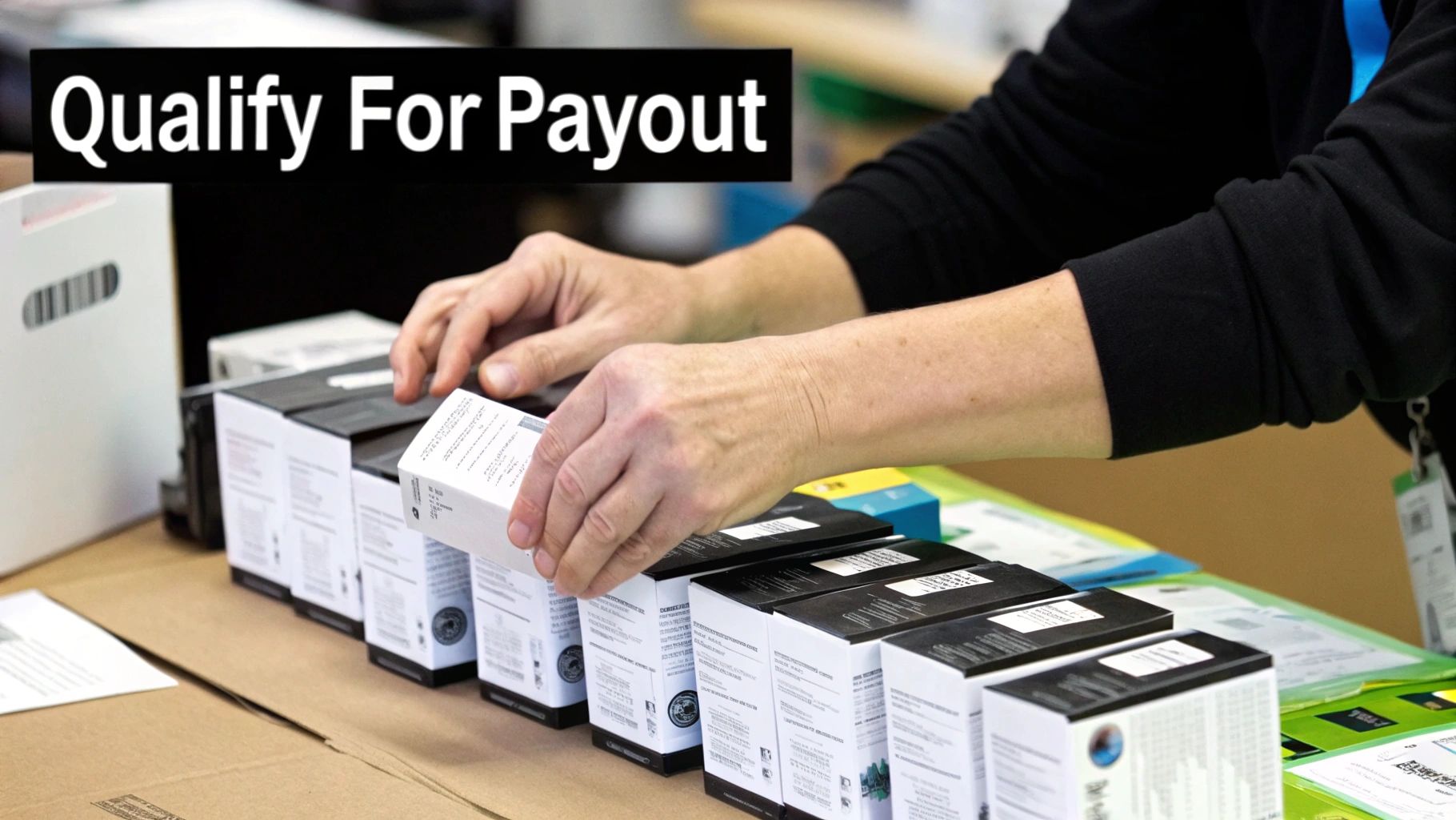 A person's hands arrange multiple small product boxes on a table, with text 'Qualify For Payout'.