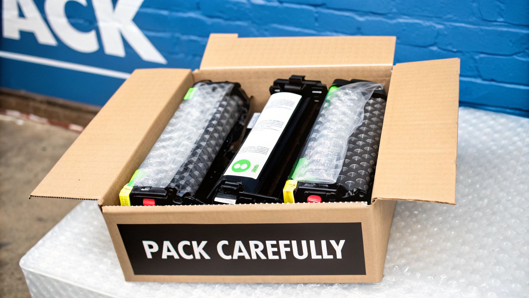 An open cardboard box contains three carefully packed printer toner cartridges, ready for recycling.