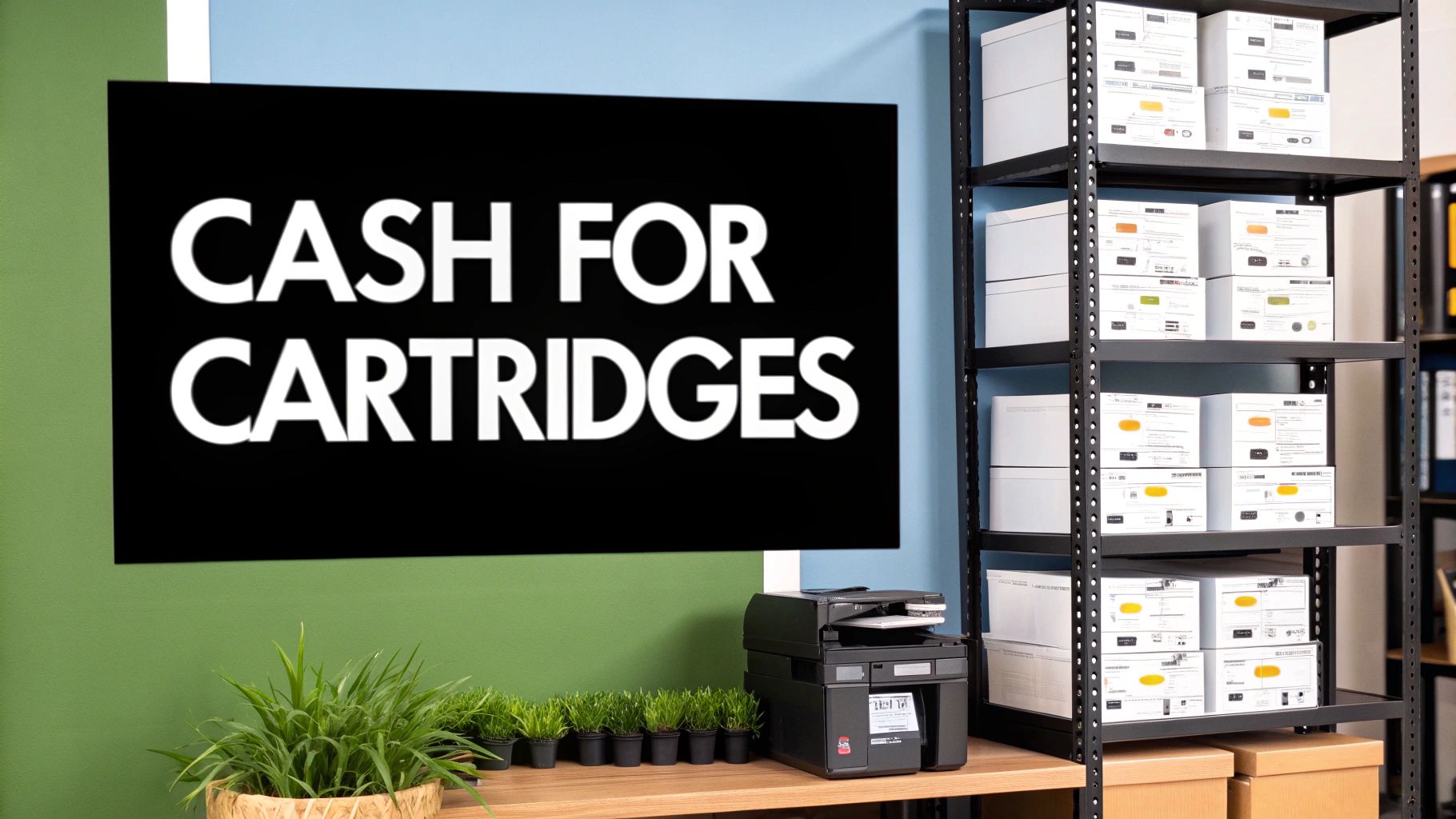 A sign says 'CASH FOR CARTRIDGES' above a printer, plants, and shelves filled with boxes.