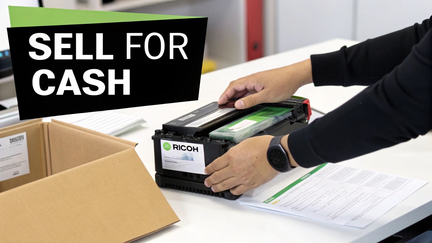 Hands place a Ricoh toner cartridge, likely for recycling or selling for cash, into a container.