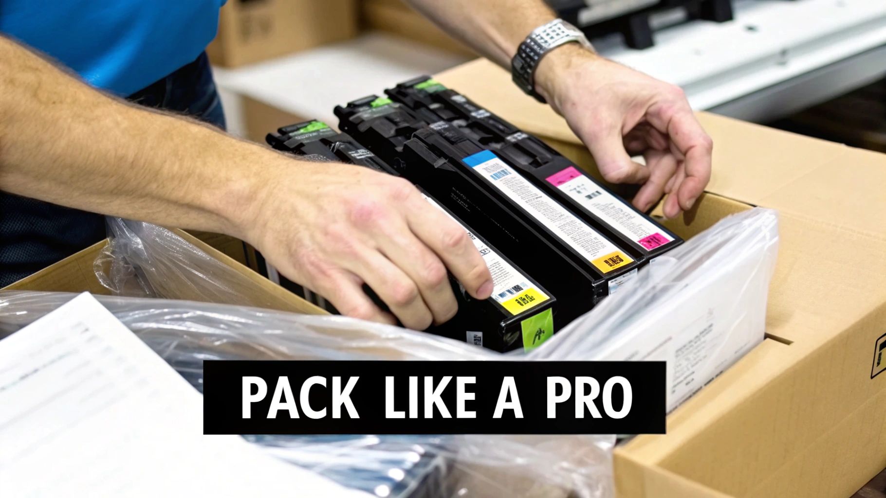 Several toner cartridge boxes neatly packed upright inside a shipping box with packing material.