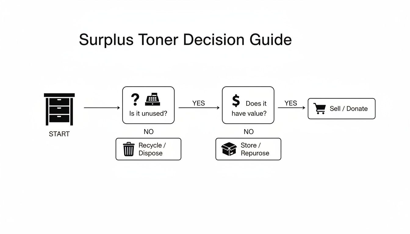 Flowchart guide for managing surplus toner, evaluating if it's unused and has value to decide its fate.