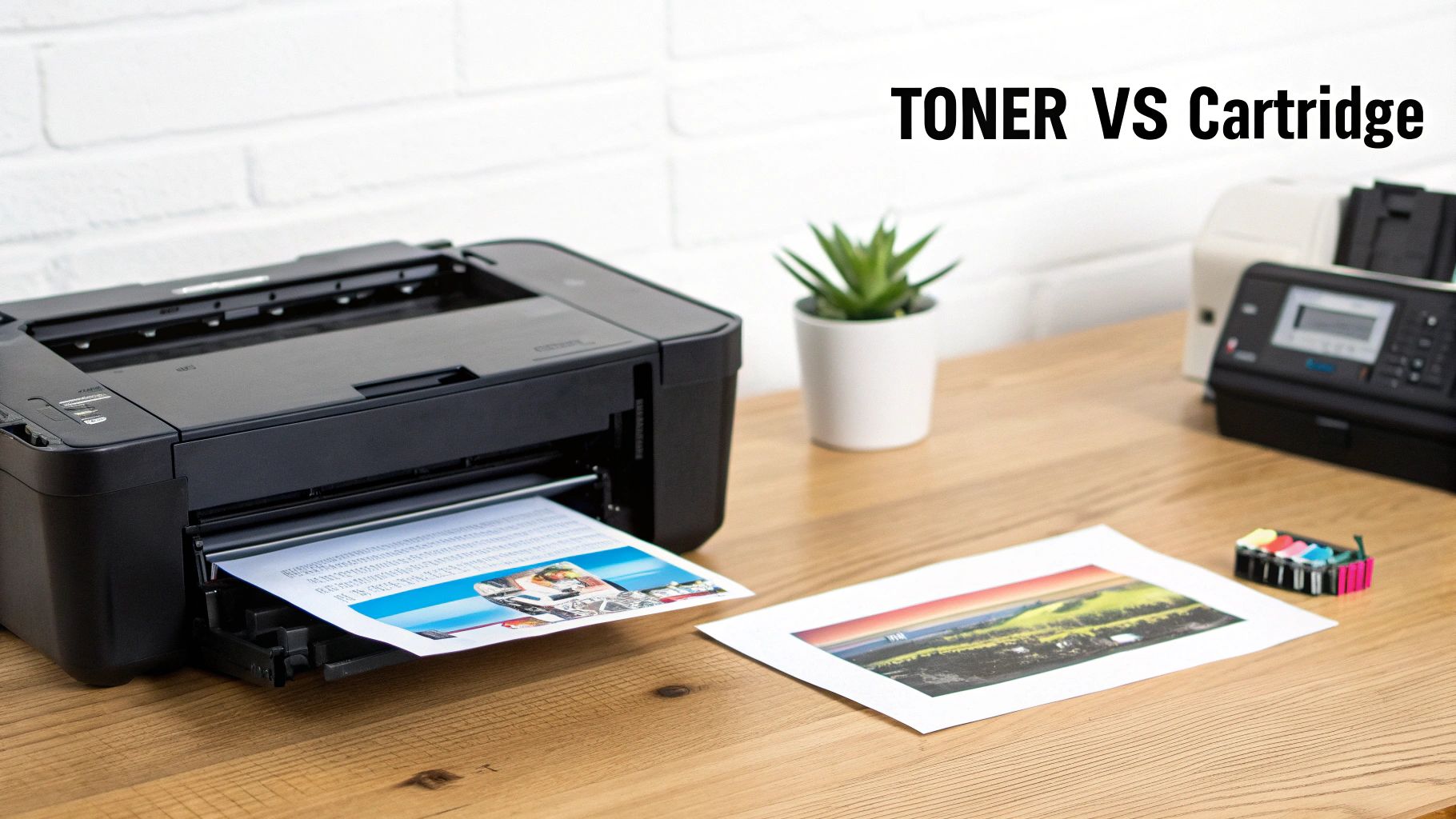 A black inkjet printer actively prints a colorful document on a wooden desk with ink cartridges.