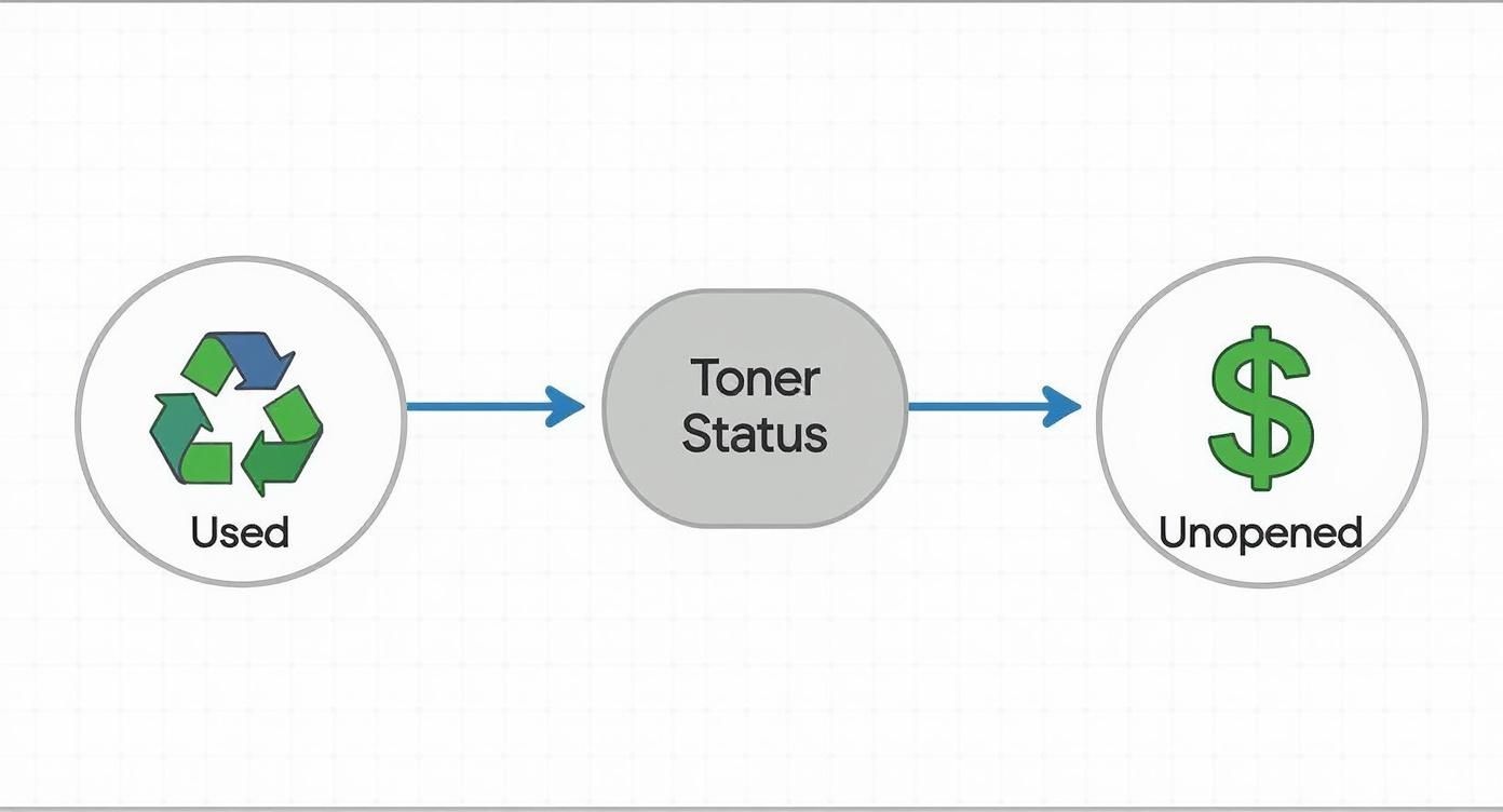 Flowchart illustrating printer toner cartridge status transitions from used (recycled) to unopened (cost).