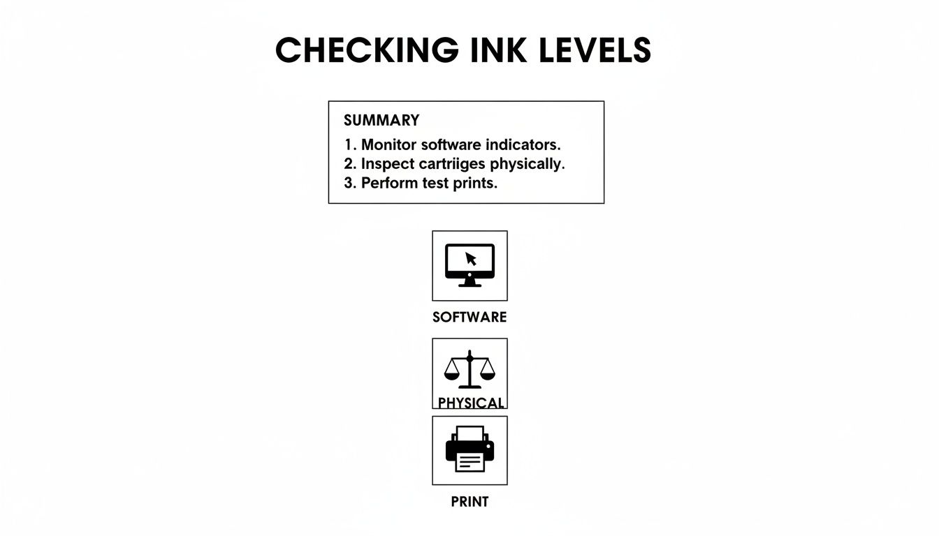 Guide illustrating steps to check printer ink levels: software, physical inspection, and test prints.