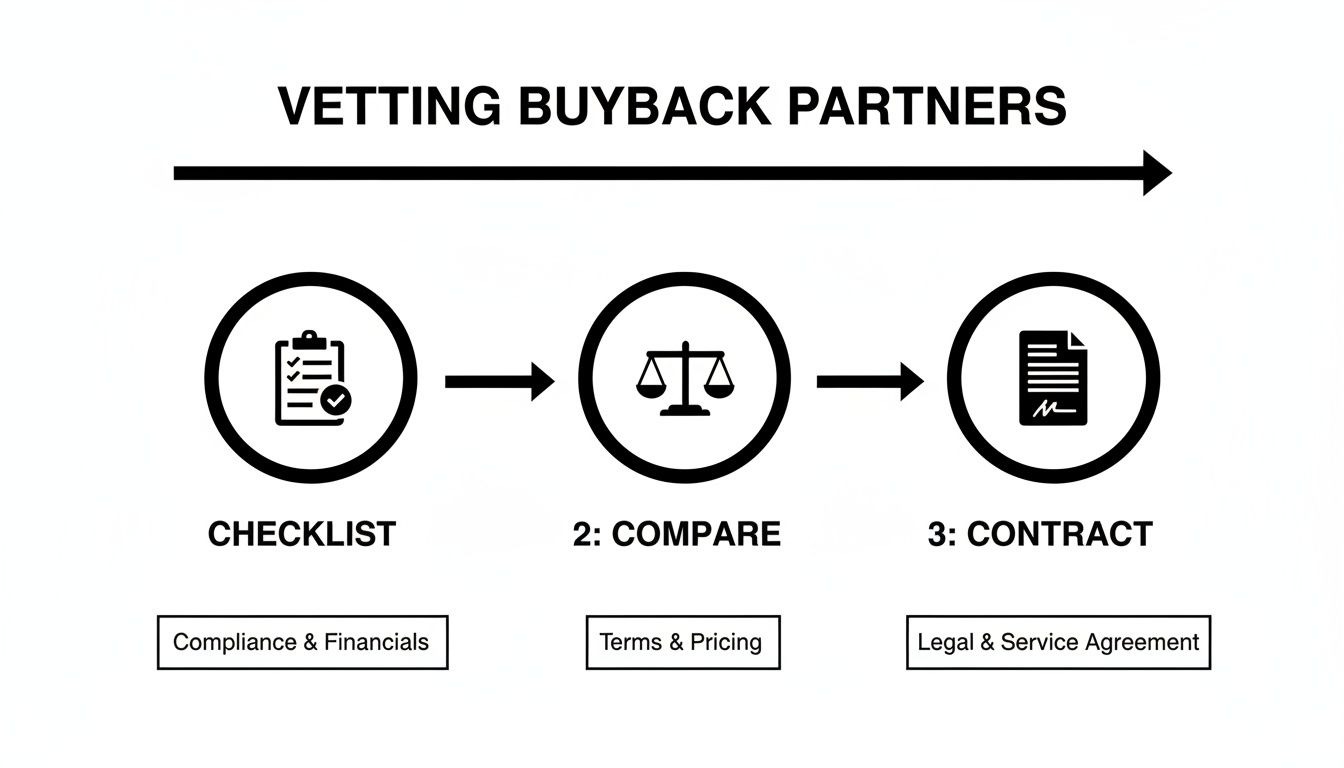 Flowchart illustrating the three-step process for vetting buyback partners: Checklist, Compare, and Contract.