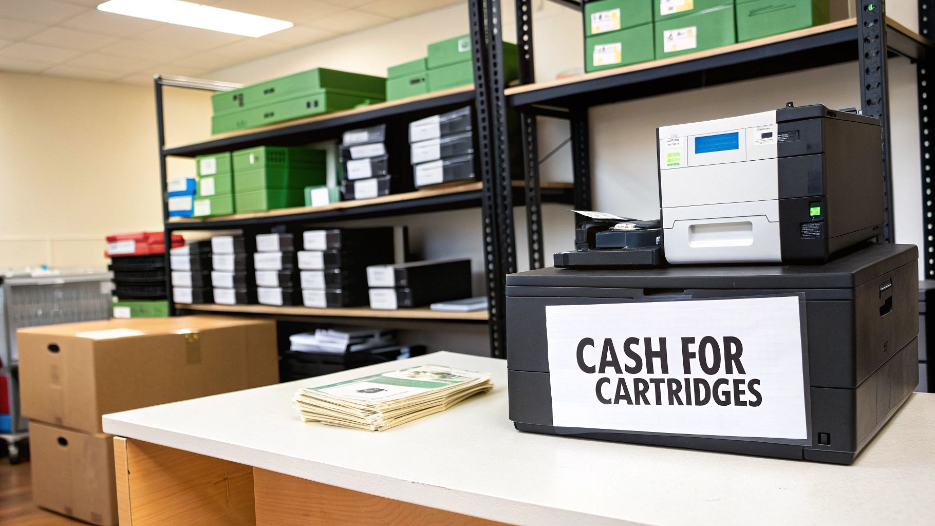 A sign reading 'Cash for Cartridges' on a black printer, with shelves of boxes in a storage room.