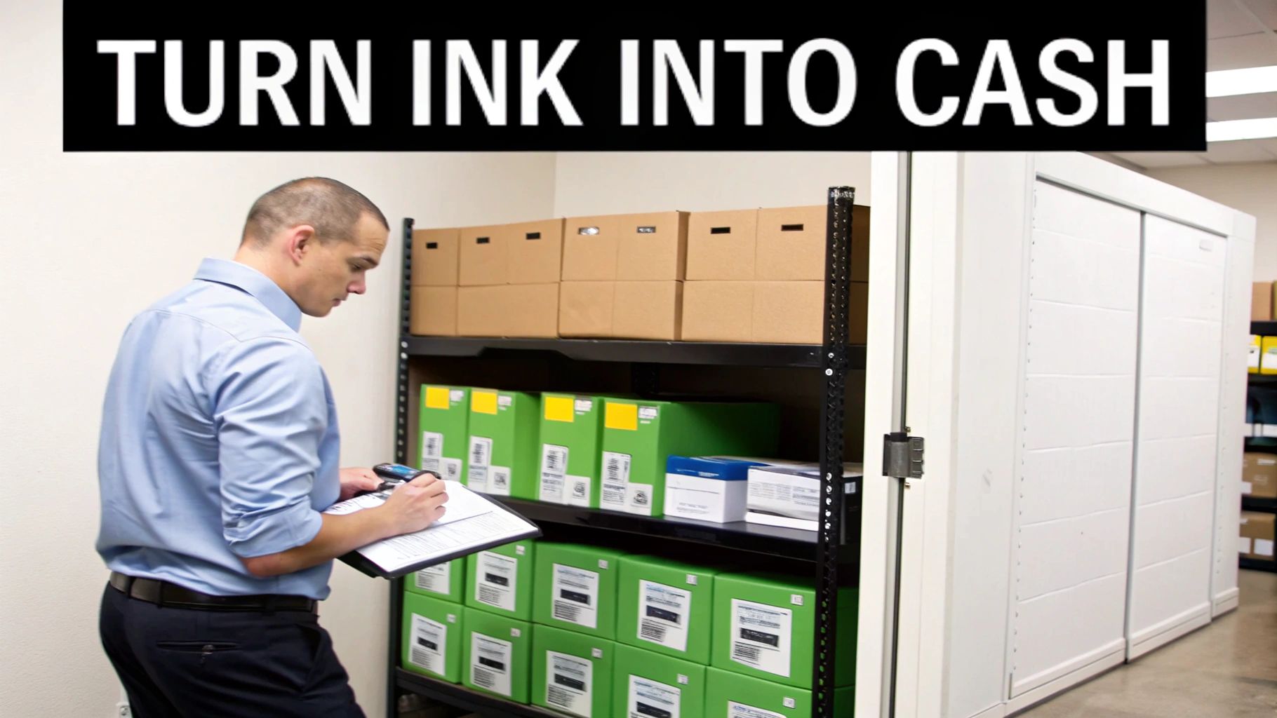 A man in a blue shirt checks inventory of ink cartridges on shelves in a storage room.