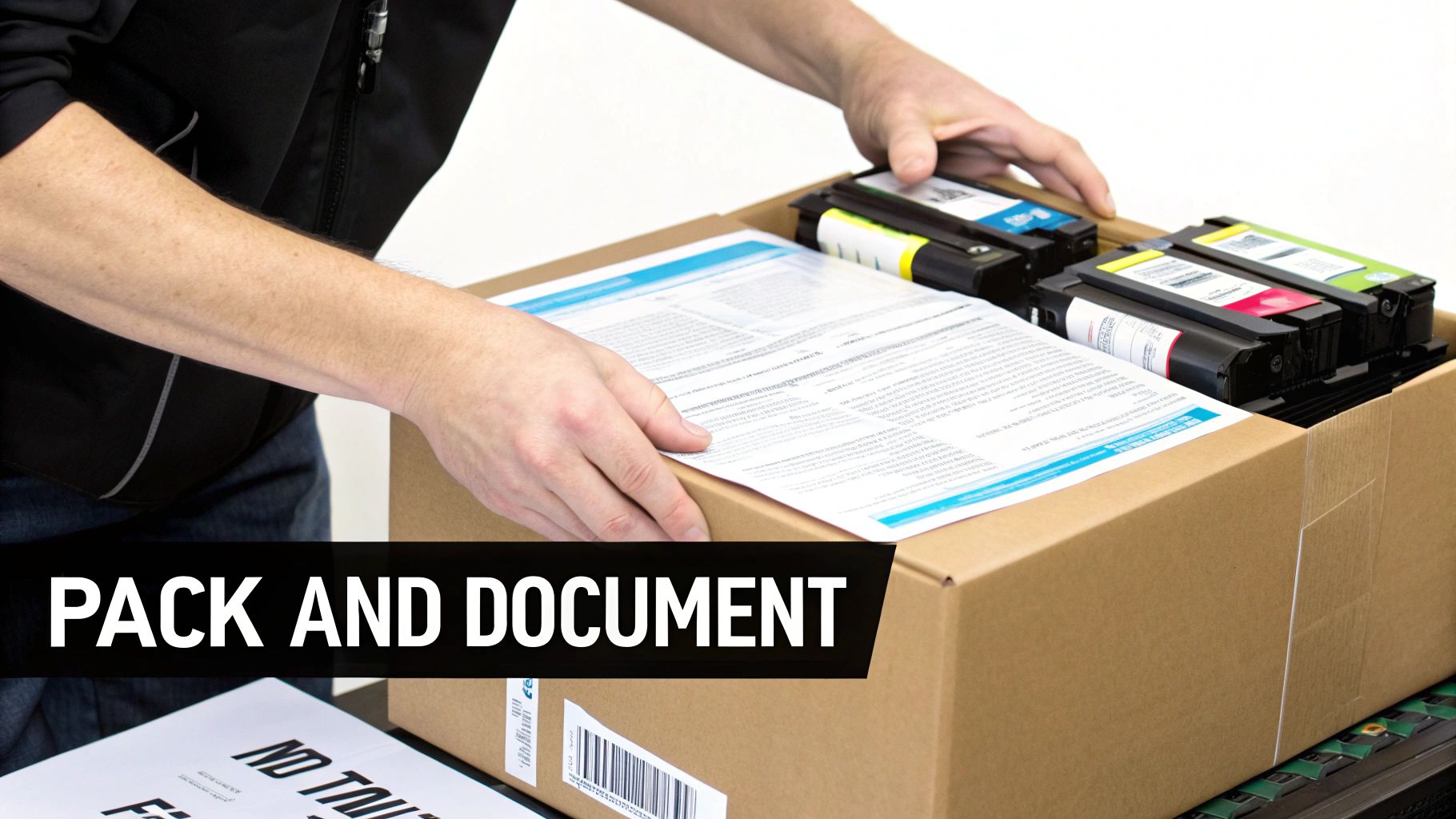 A person carefully placing a sealed printer cartridge into a cardboard box with packing peanuts.