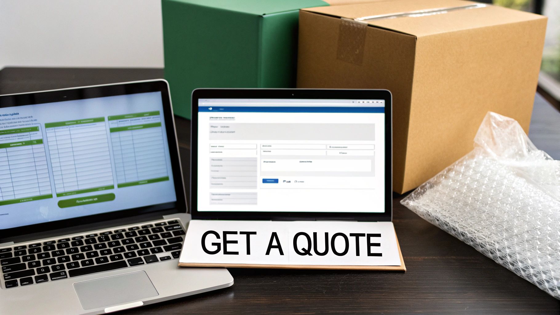Two laptops displaying online quote forms surrounded by shipping boxes and bubble wrap