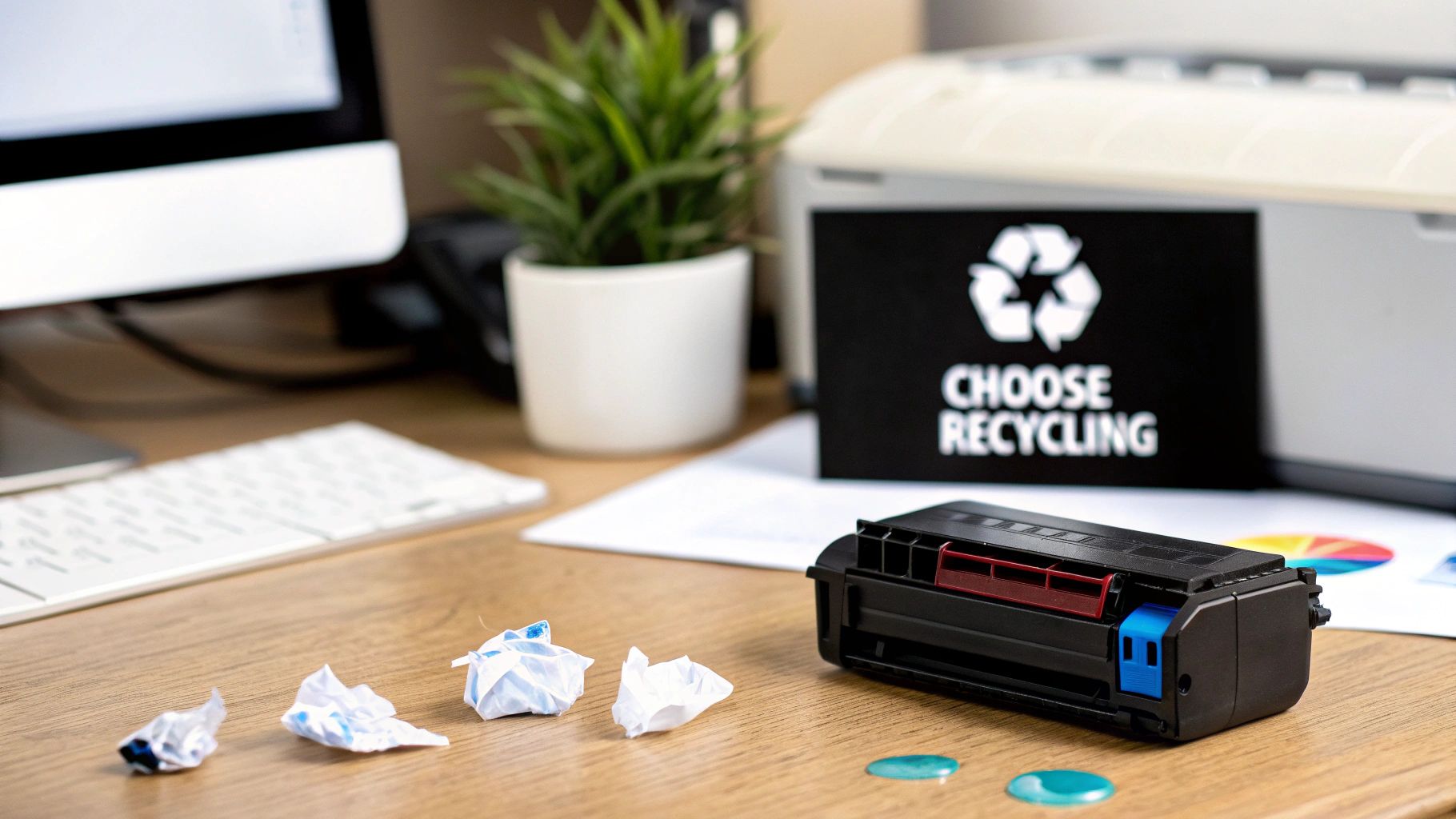 An office desk with an empty ink cartridge, crumpled paper, and a 'Choose Recycling' sign.
