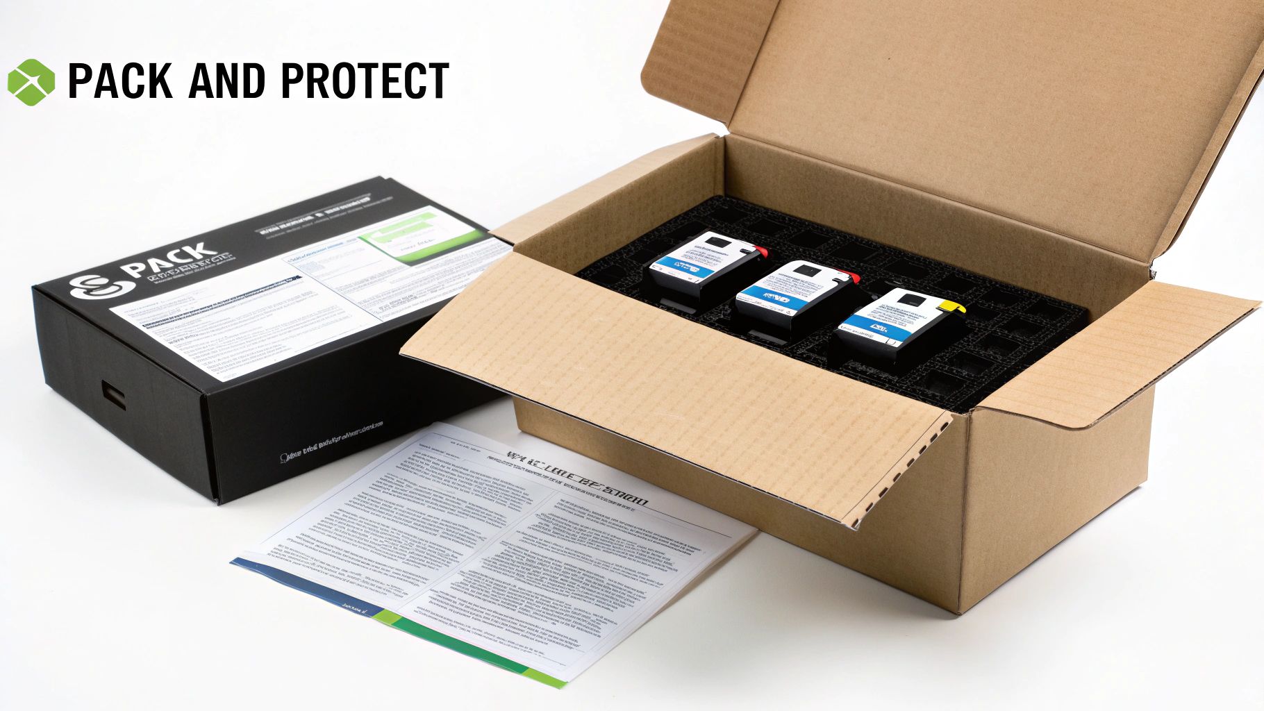 A close-up of a black retail box next to an open cardboard shipping box with ink cartridges in protective foam packaging.