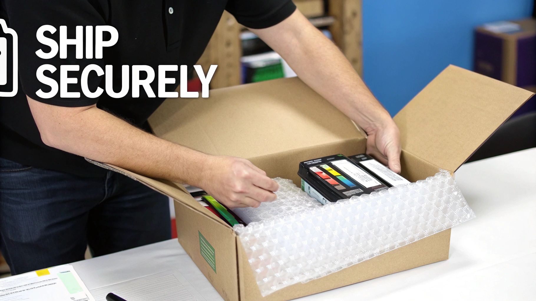 Hands carefully pack printer cartridges with bubble wrap into a cardboard box for secure shipping.