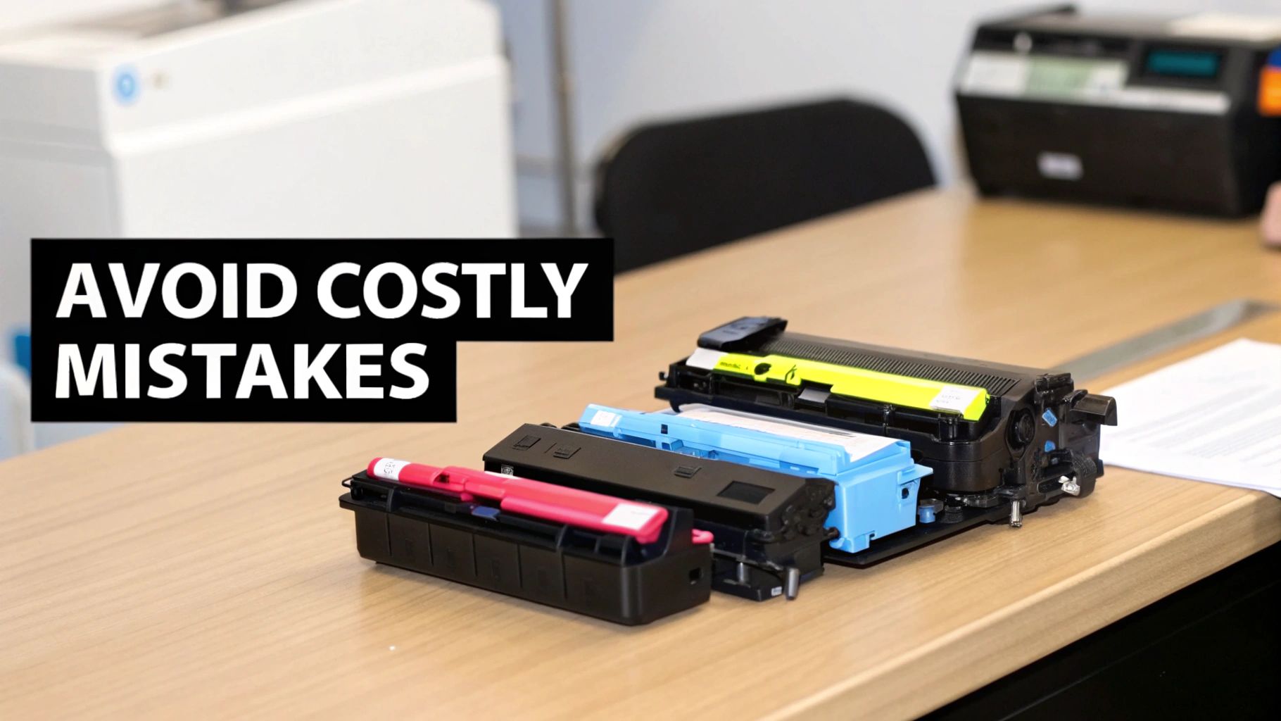 Several colored ink and toner cartridges are displayed on a wooden table with 'AVOID COSTLY MISTAKES' text.