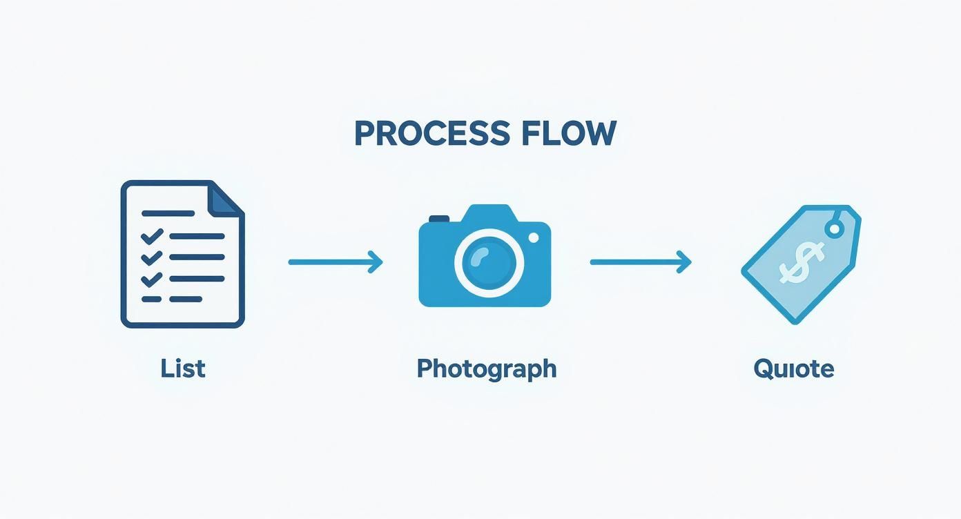 A process flow diagram showing three steps: List, Photograph, and Quote, illustrated by icons.
