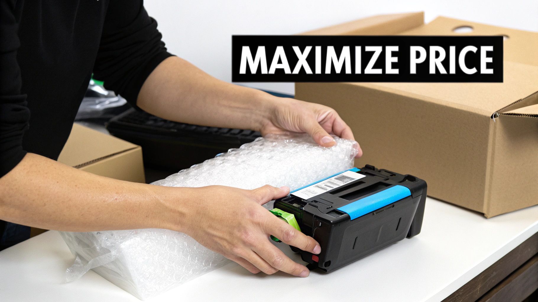 A person carefully wraps a blue and black printer cartridge in bubble wrap, preparing it for shipment.