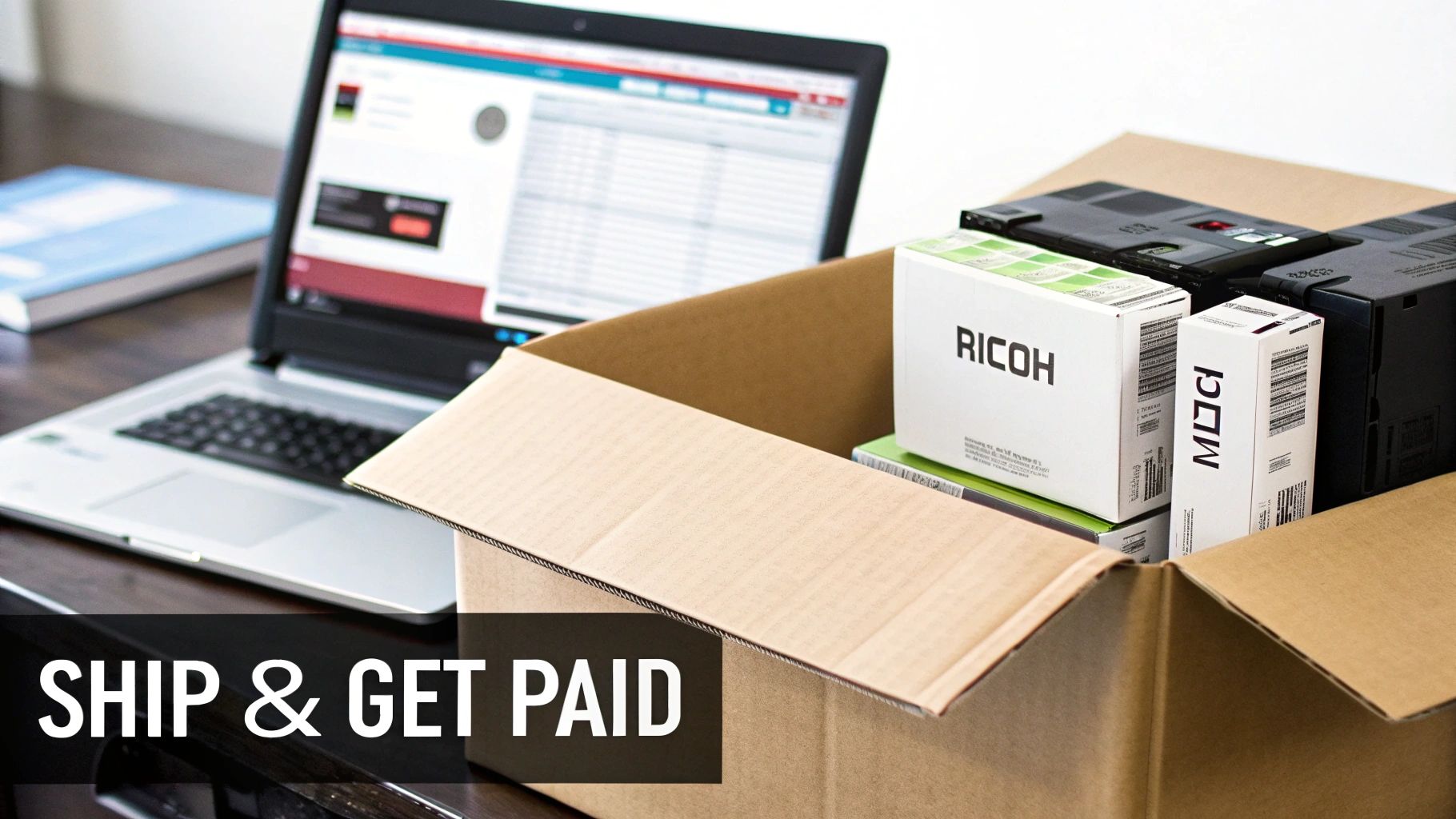 A laptop and an open shipping box filled with Ricoh toner cartridges, suggesting online sales.