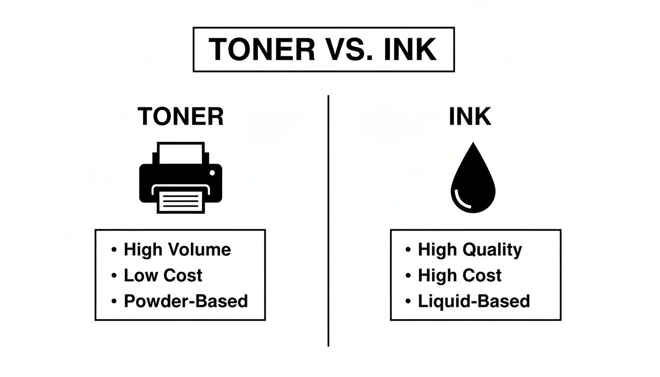 Chart comparing toner and ink printer cartridges, highlighting their cost, volume, and composition.