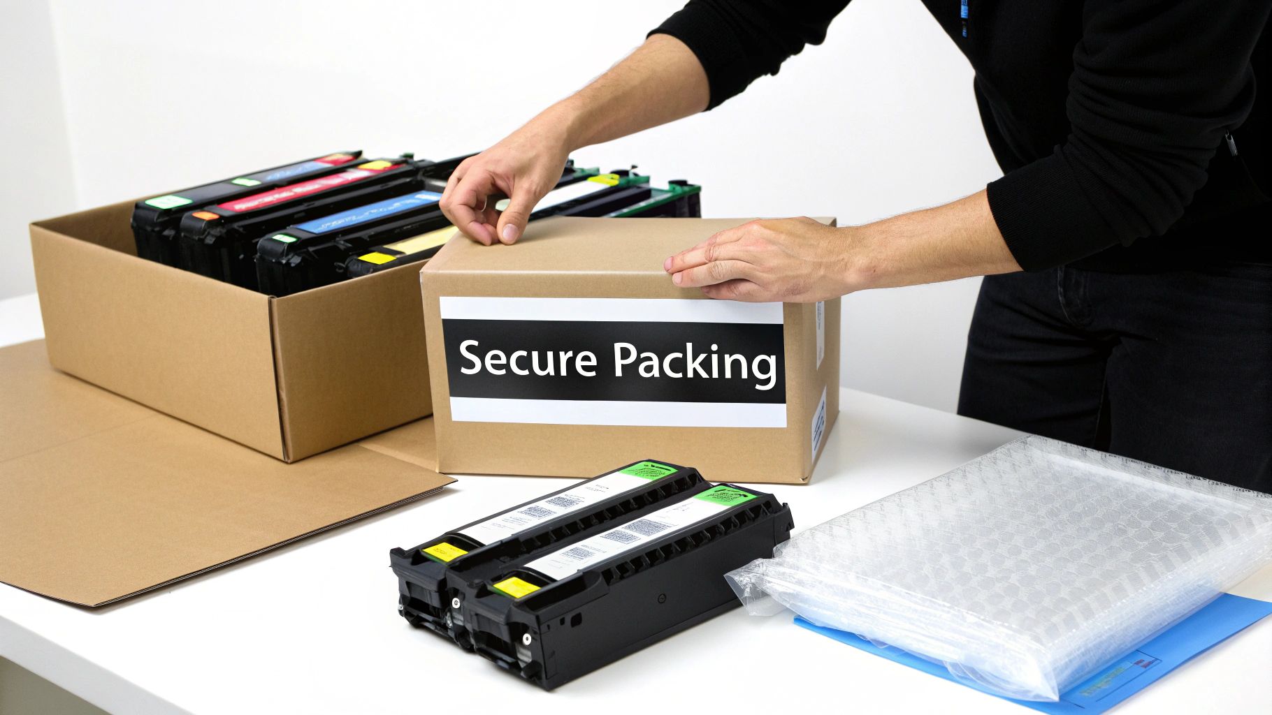 A person's hands close a cardboard box labeled 'Secure Packing' filled with toner cartridges.