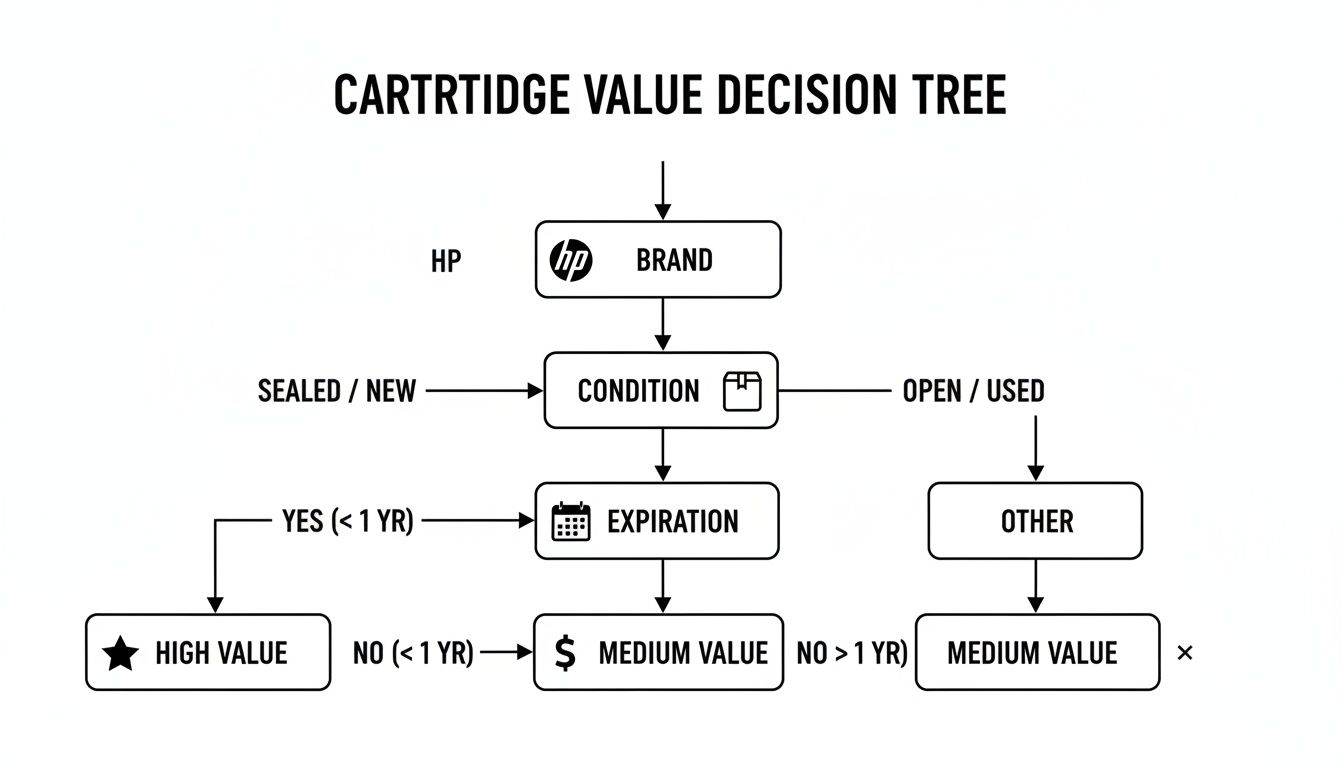 Decision tree for assessing HP printer cartridge value based on condition and expiration date.