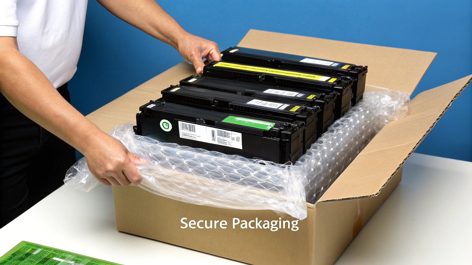 A person's hands carefully place several black toner cartridges, protected by bubble wrap, into a cardboard box.