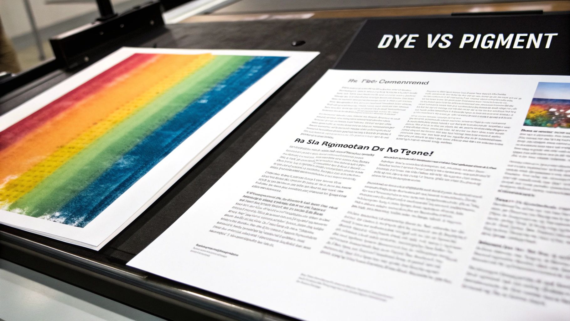 Close-up of documents comparing dye vs pigment ink, featuring a rainbow swatch and printed text.