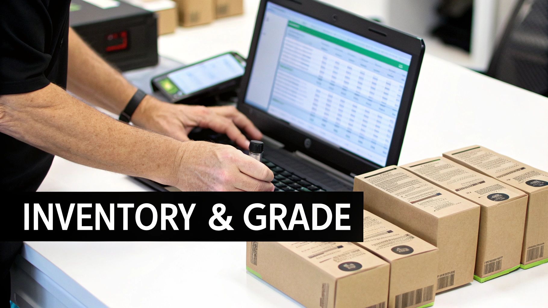 Person working on a laptop and holding a small vial, with product boxes on a white desk for inventory.