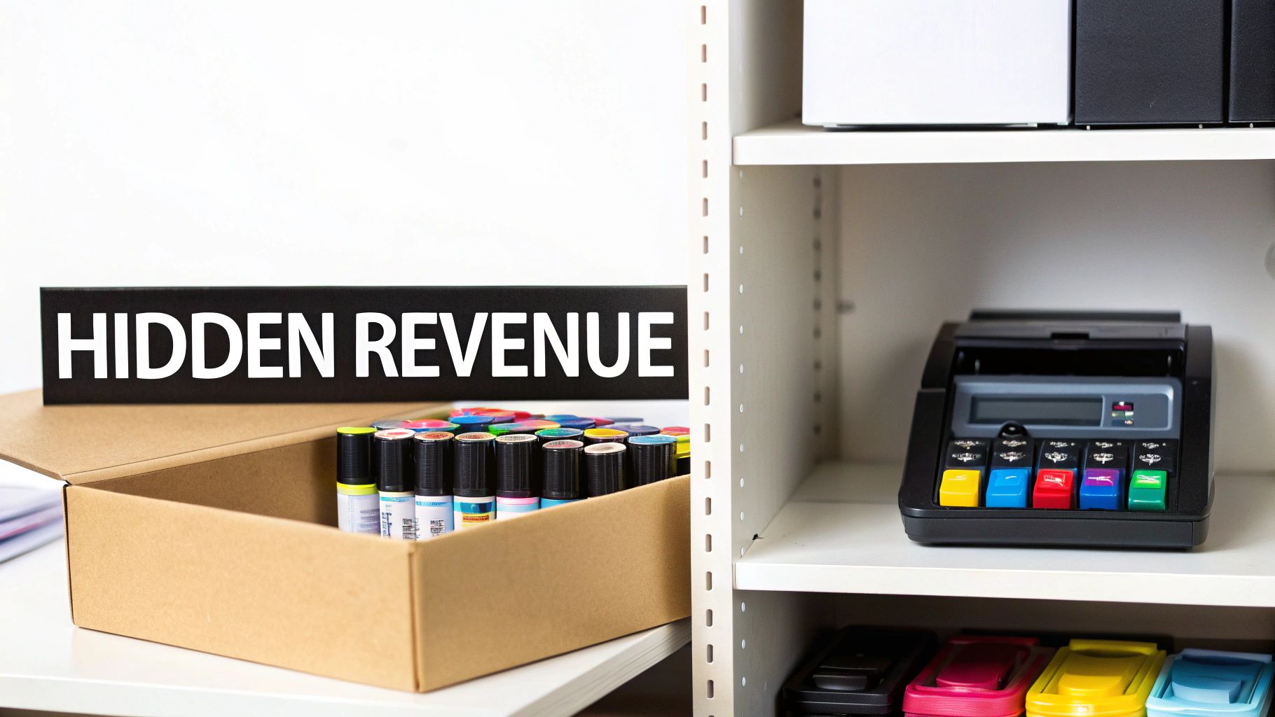 A 'HIDDEN REVENUE' sign stands beside a box of colorful ink cartridges and a recycling machine on shelves.