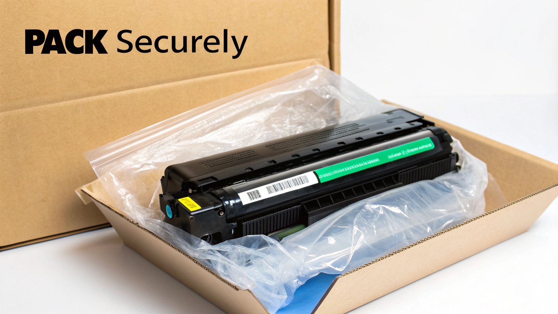 A printer toner cartridge, securely packed in a plastic bag inside a cardboard box for disposal.