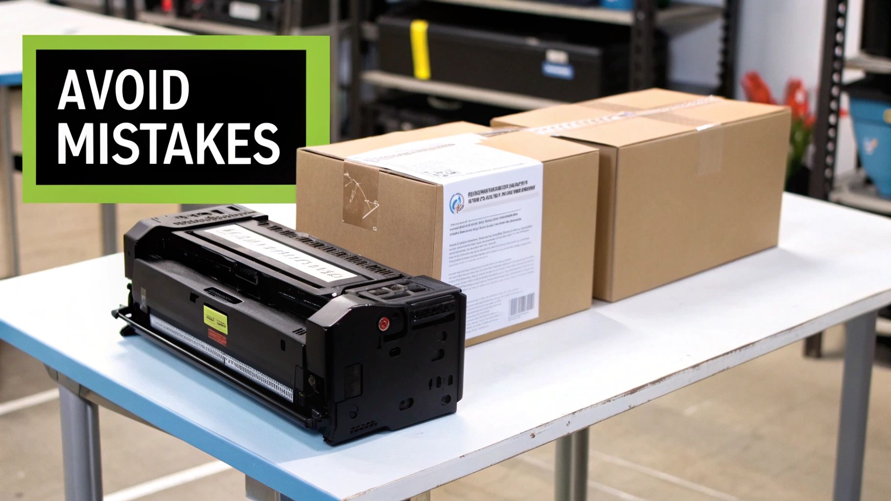A "AVOID MISTAKES" sign, a black toner cartridge, and two cardboard boxes on a table in a storage area.