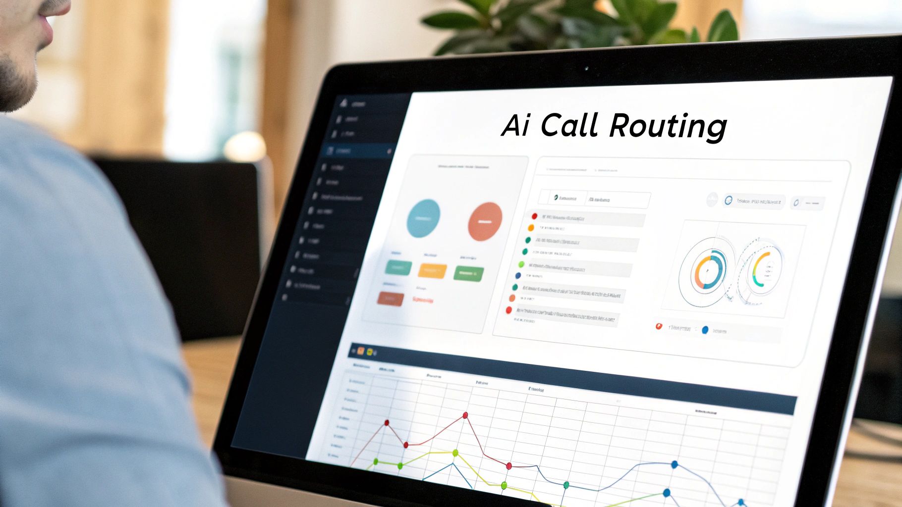 An illustration of a call center agent assisted by automation, showing improved efficiency and customer satisfaction