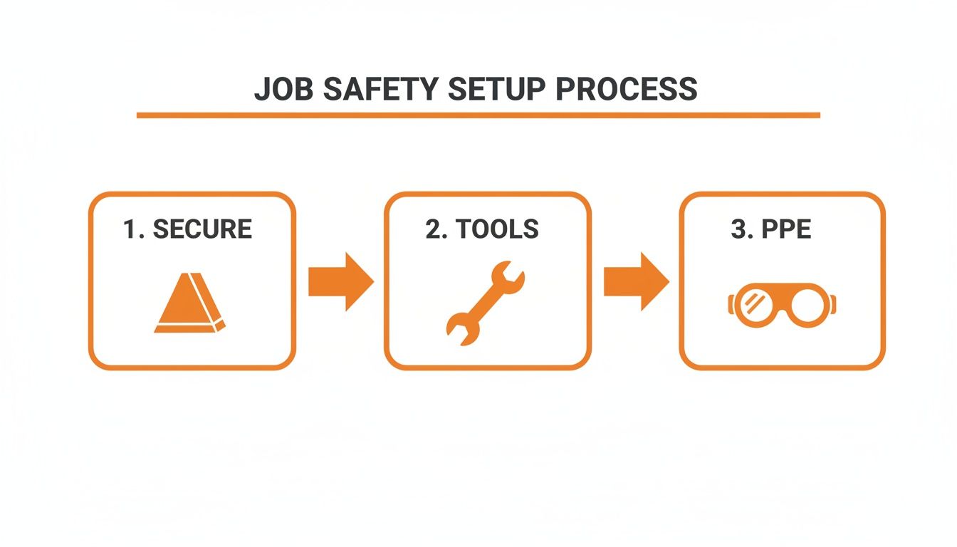 Flowchart illustrating job safety setup process steps: secure, tools, and personal protective equipment (PPE).