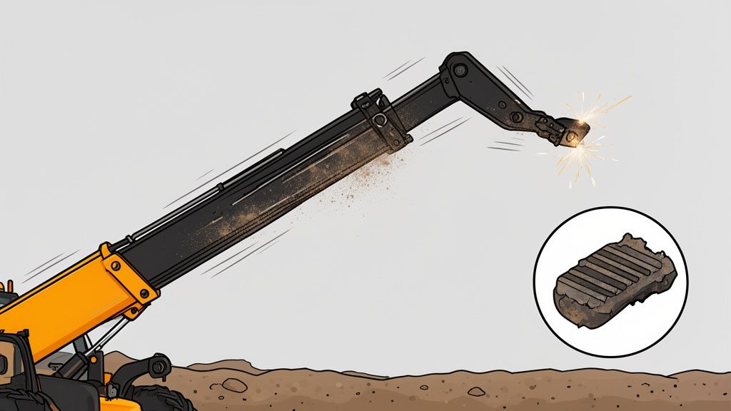 JCB telehandler arm with sparks and falling debris from boom, highlighting a worn wear pad.