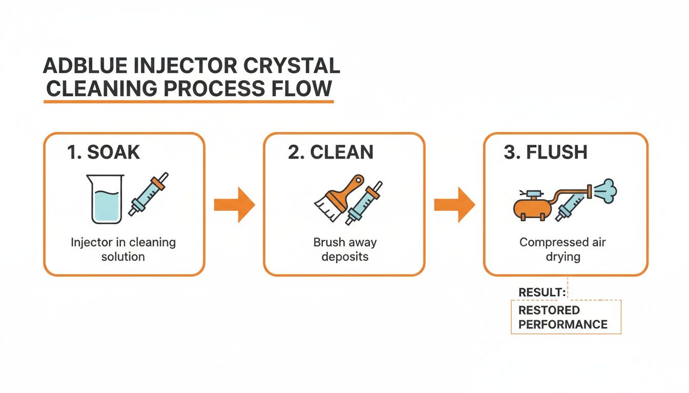 A three-step flow chart illustrating the AdBlue injector crystal cleaning process for restored performance.
