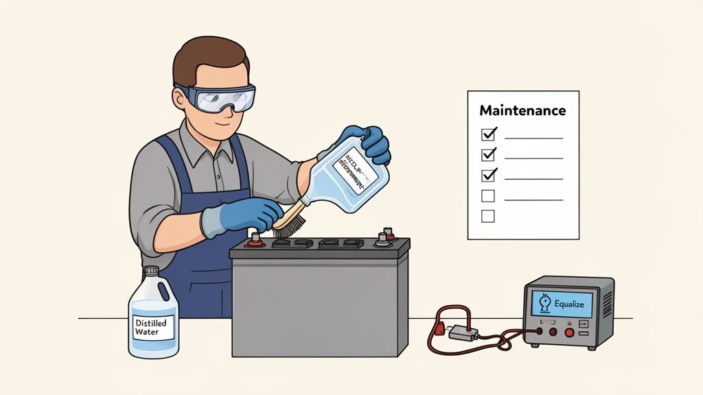 Worker cleaning and equalizing a large battery, following a maintenance checklist.